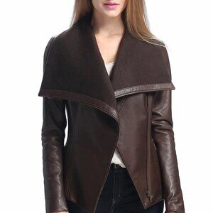 BGSD Women Chocolate Lily Lambskin Leather Drape Jacket